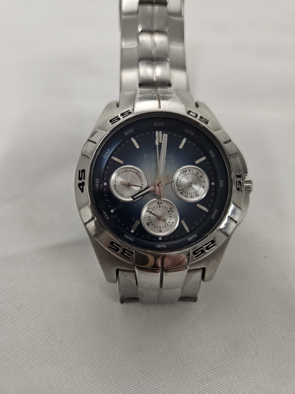 Fossil Silver Stainless Steel Watch with Blue Dial